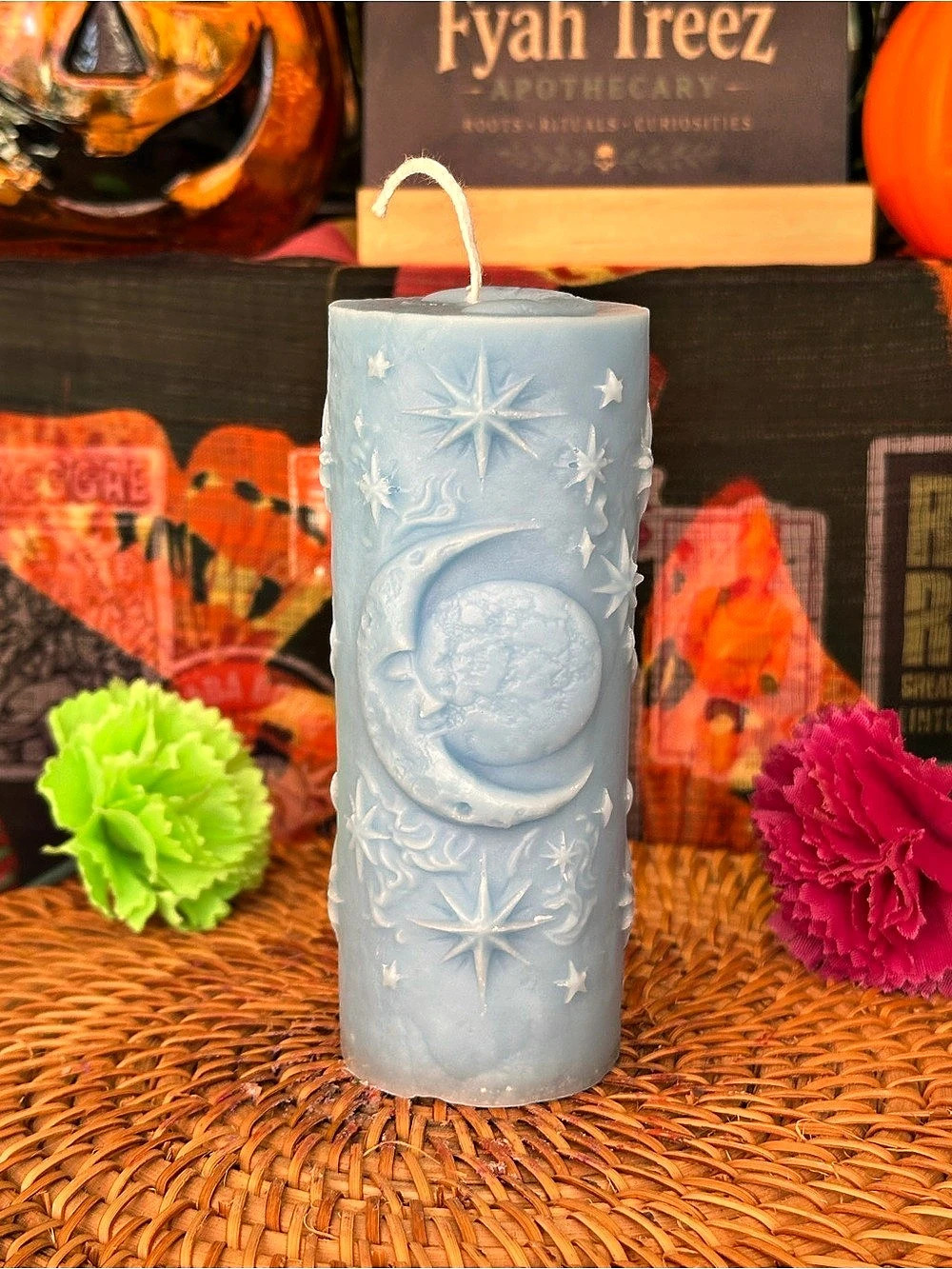 Soft Blue Celestial Moon Pillar Candle – Moon & Stars